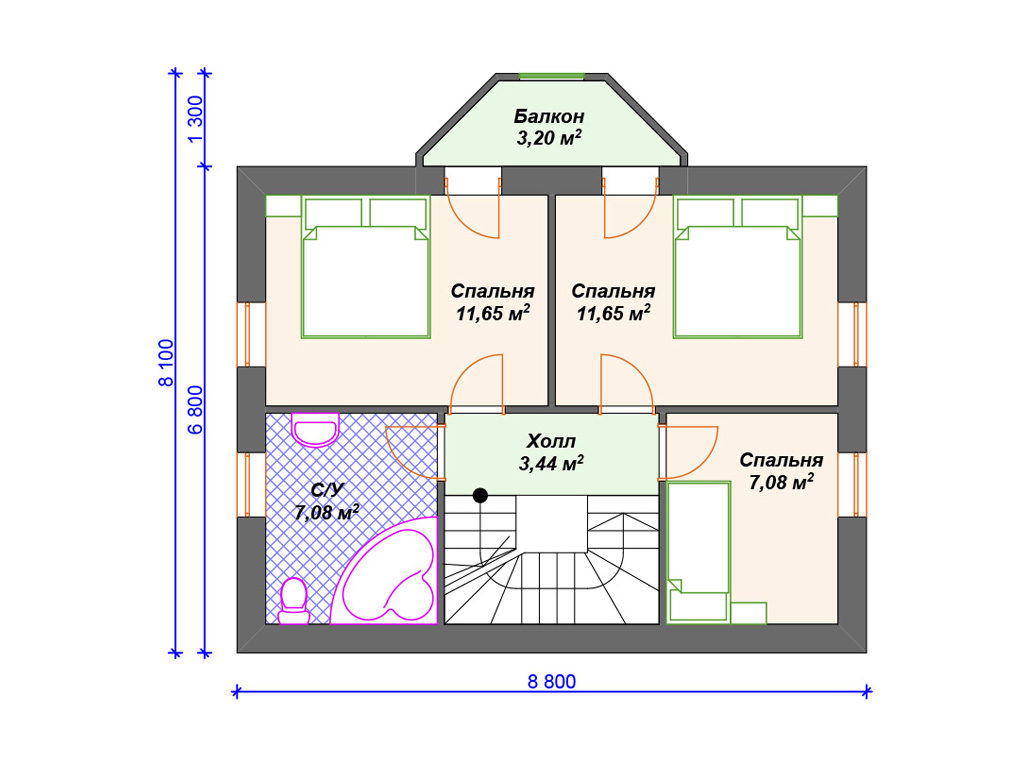 Проект двухэтажного дома,      площадь   112м2,   размер                  8.9  x 11.4 м