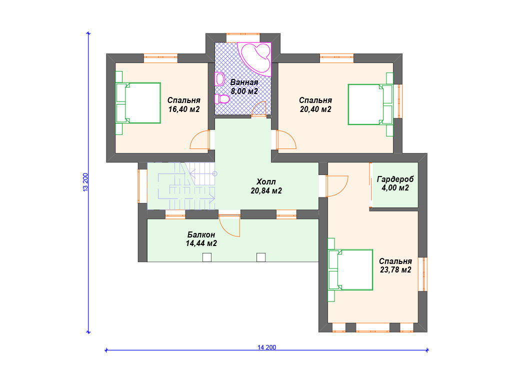 Проект двухэтажного дома,      площадь   273м2,   размер                  13.2  x 18.6 м