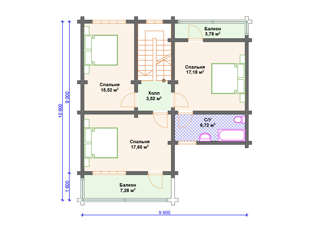 Проект двухэтажного дома, площадь 189 м², размеры 10.6 х 12.8 м.