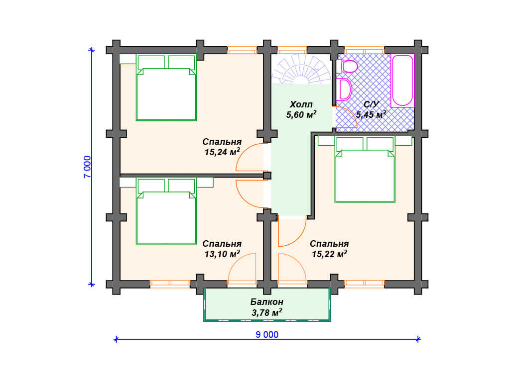 Проект двухэтажного дома, площадь 134 м², размеры 7.0 х 12.0 м.