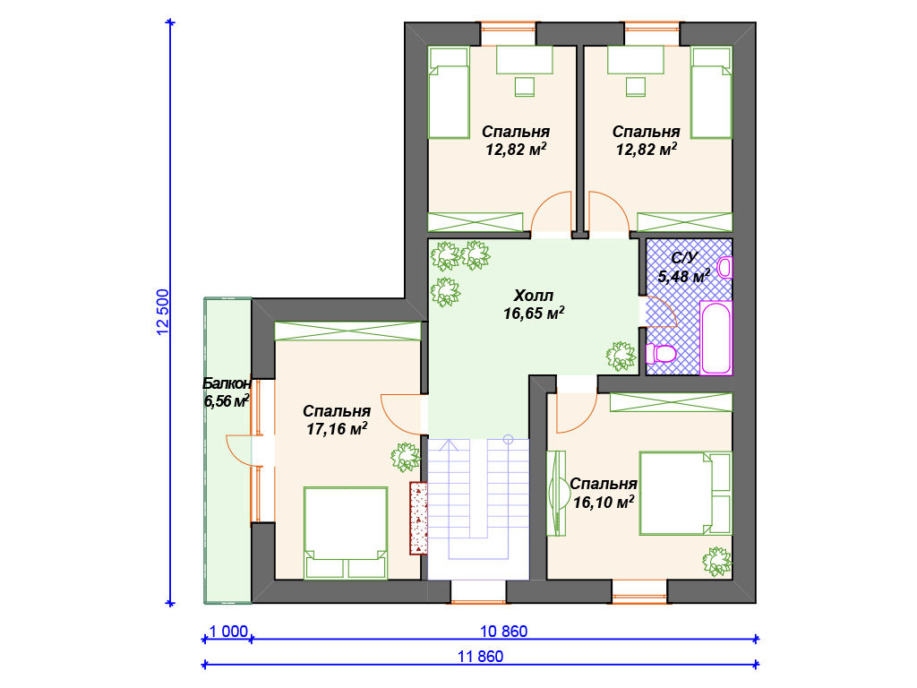 Проект двухэтажного дома,      площадь 181.0м²,   размер                  12.5 x 10 .8м