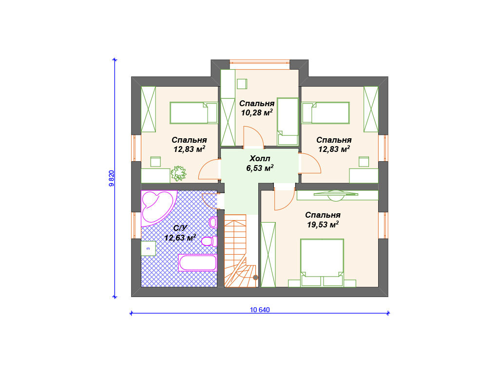 Проект двухэтажного дома,      площадь 221.0м²,   размер                  13.1 x 13.6м