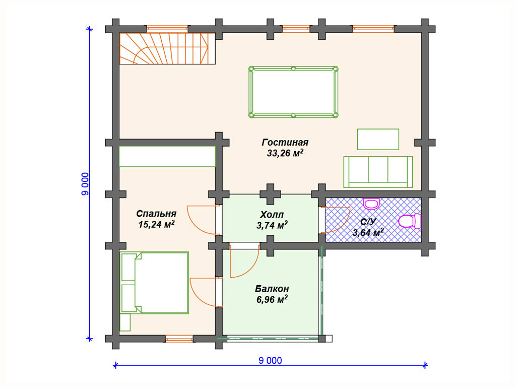 Проект духэтажного дома, площадь 135 м², размеры 9.0 х 9.0 м.