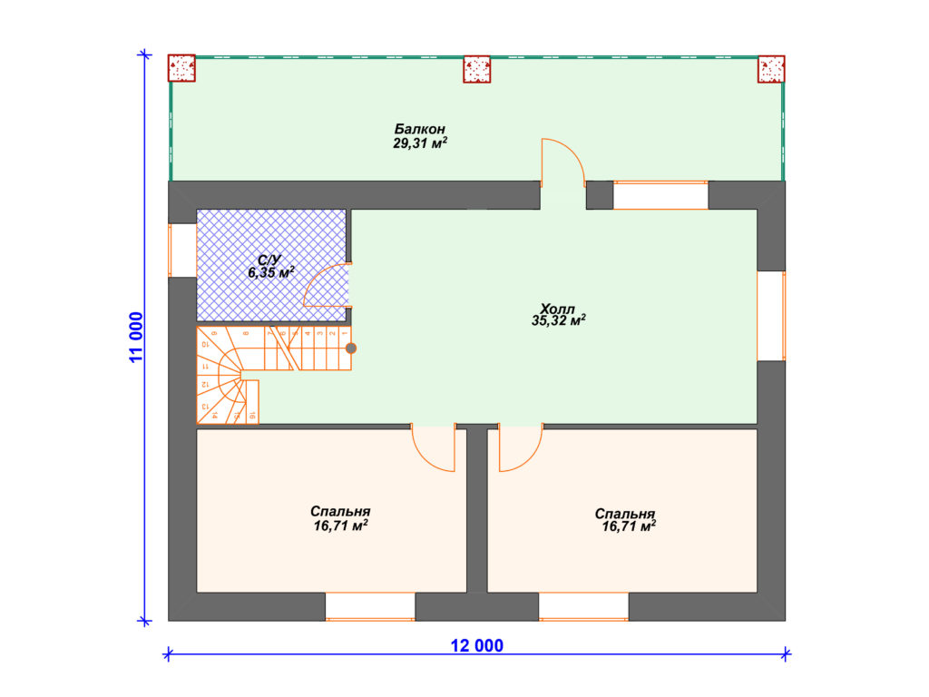 Проект двухэтажного дома,      площадь 211.0м²,   размер                  11.0 x 13 .5м